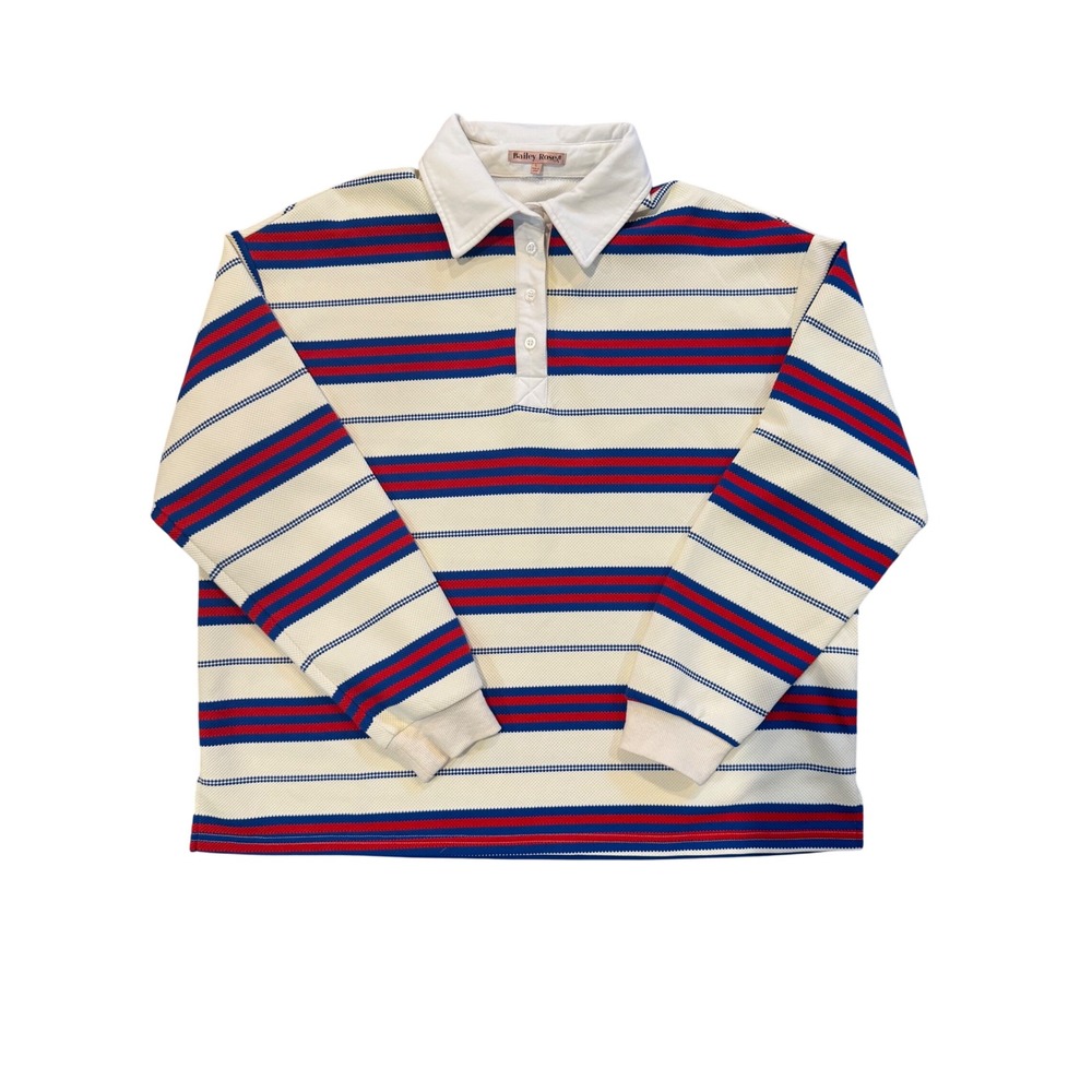 Bailey Rose Mens‎ Large Rugby Polo Shirt Long Sleeve Striped Red Blue Cream L